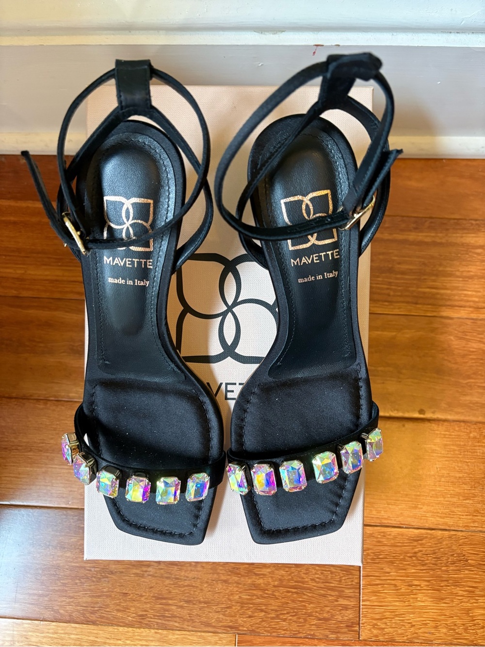 Mavette Black Satin Crystal-Embellished Strappy Heels NIB